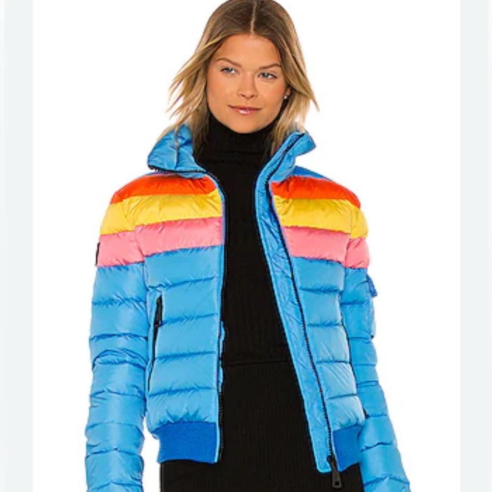 SAM. Starburst Women's Puffer Bomber Jacket NWOT Blue Rainbow Brite Ski